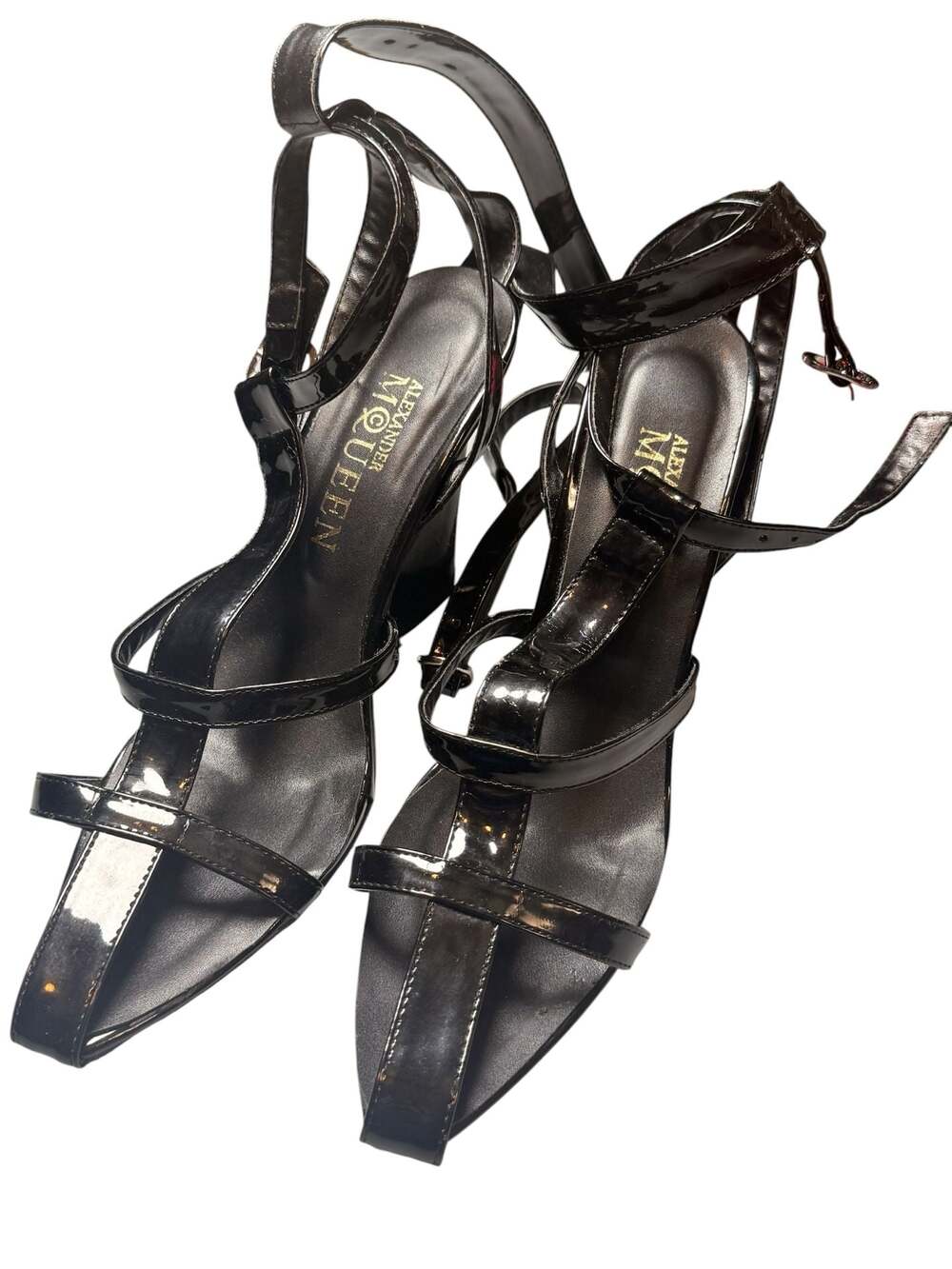 Alexander McQueen Black Patent Leather Ankle Strap Block Heel Sandals Size 39